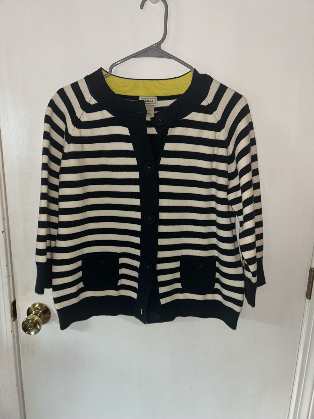 VINTAGE L.L. Bean Navy and White Striped Button Cardigan with Yellow Neckline